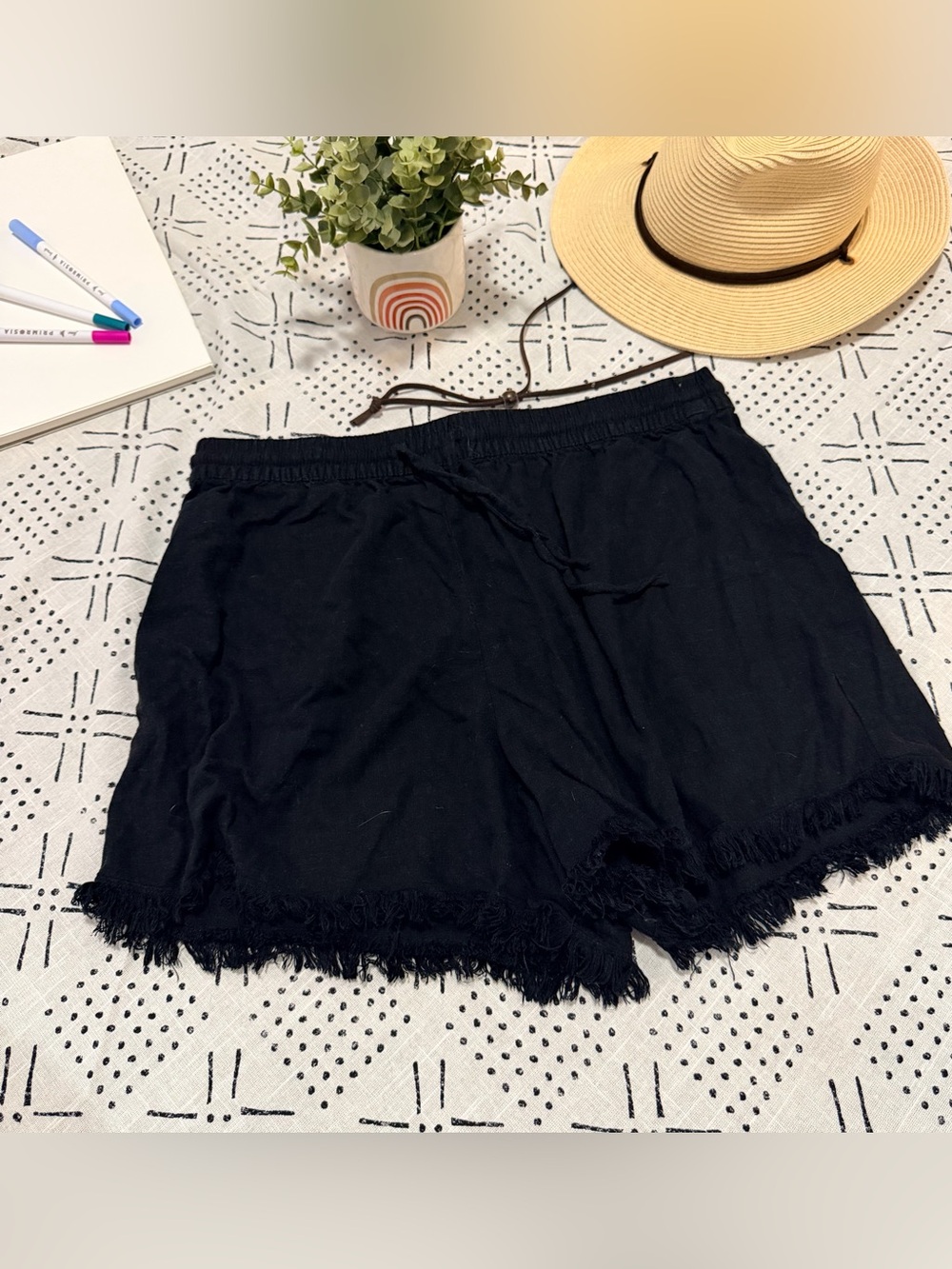 H&M Black High-Waist Fringe Hem Drawstring Shorts
